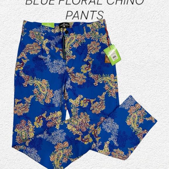 Houston White for Target Blue Floral Wide Leg Chino Pants Size Large 98% Cotton - Picture 1 of 12